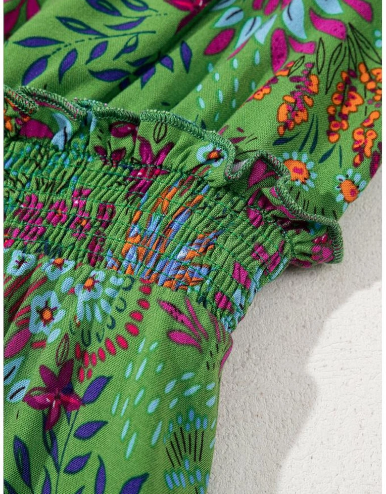 Green Floral Tie Split Neck Frilly Ruffle Trim Tiered Short Dress