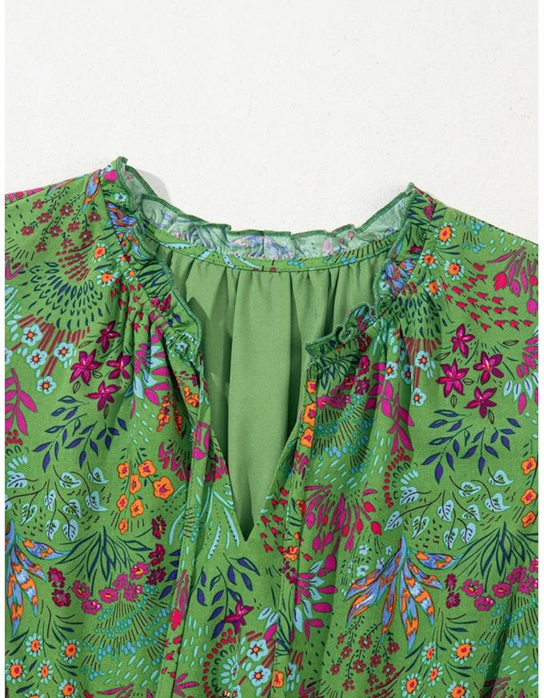 Green Floral Tie Split Neck Frilly Ruffle Trim Tiered Short Dress