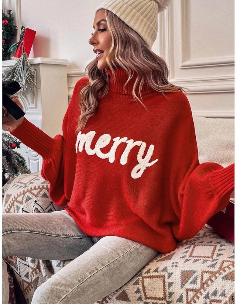 Red Merry Letter Embroidered High Neck Sweater