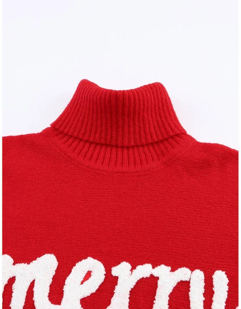 Red Merry Letter Embroidered High Neck Sweater