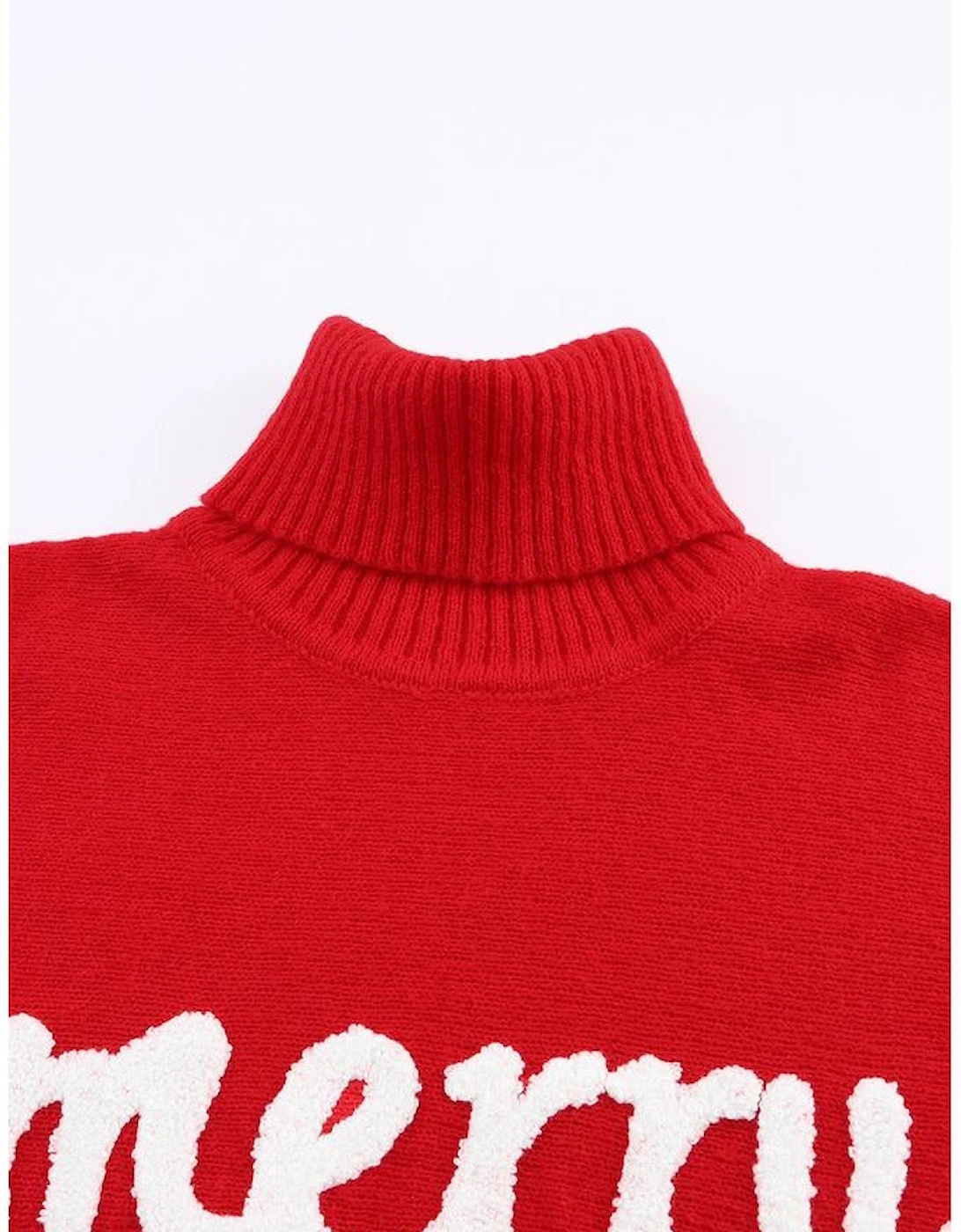 Red Merry Letter Embroidered High Neck Sweater