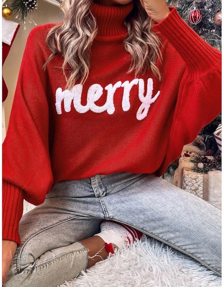 Red Merry Letter Embroidered High Neck Sweater