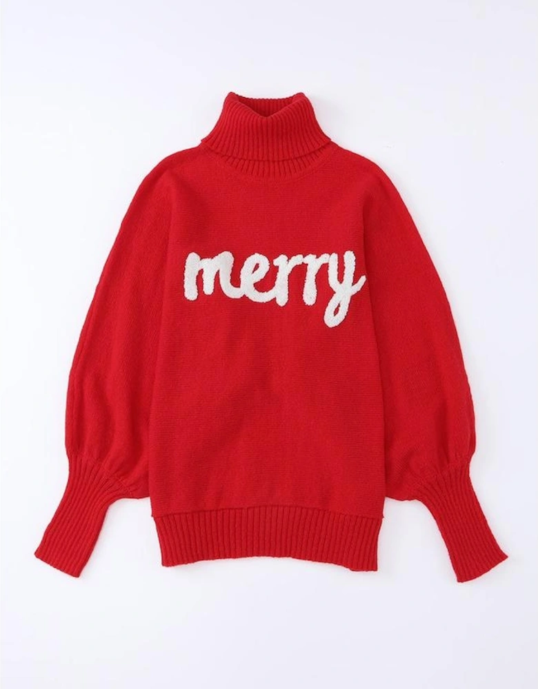 Red Merry Letter Embroidered High Neck Sweater