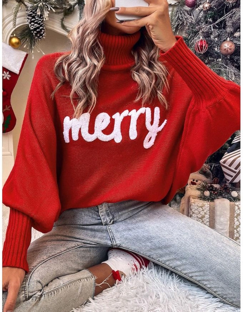 Red Merry Letter Embroidered High Neck Sweater
