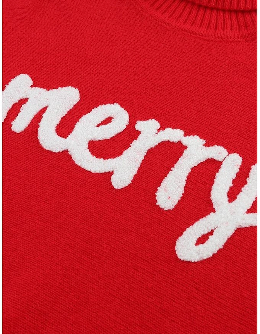 Red Merry Letter Embroidered High Neck Sweater
