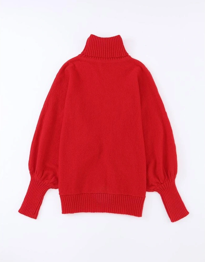 Red Merry Letter Embroidered High Neck Sweater