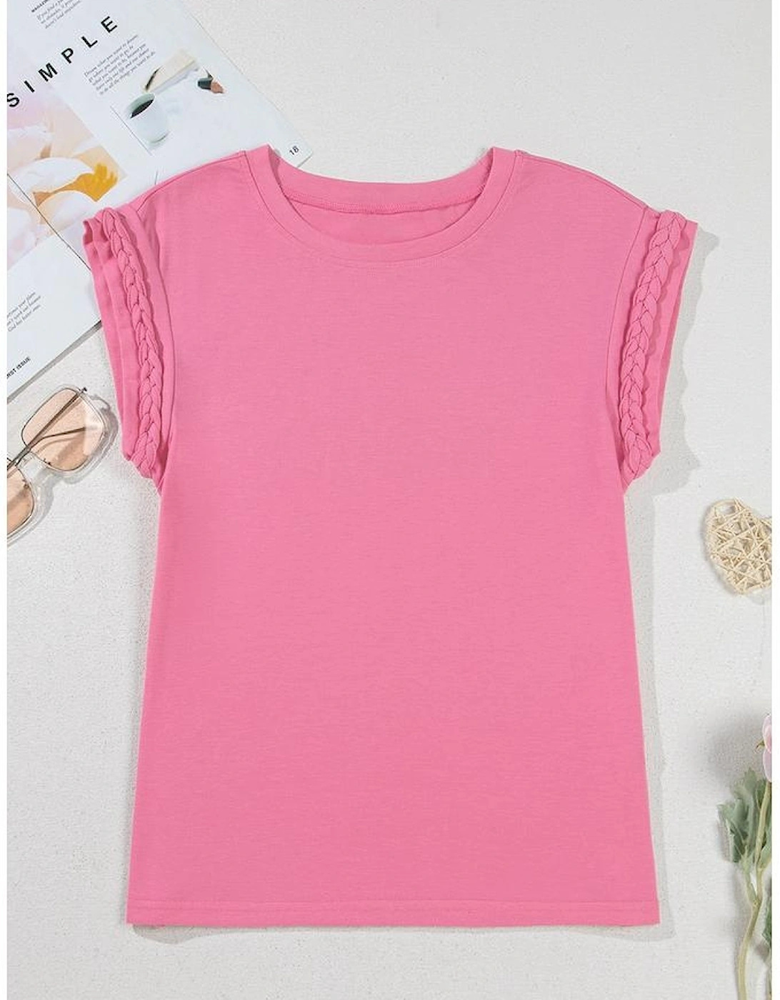 Bonbon Braided Cap Sleeve Crew Neck T Shirt