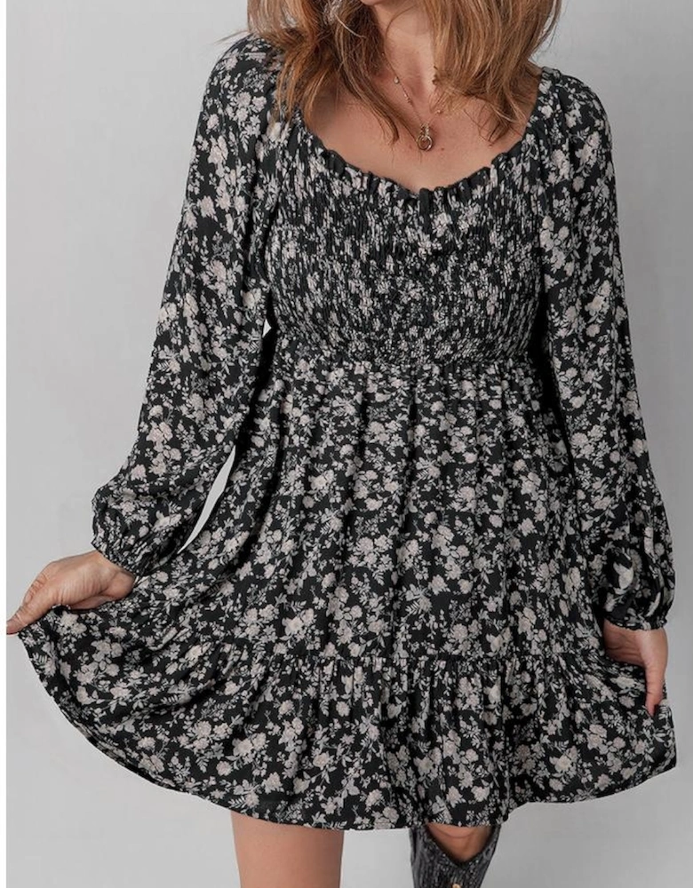 Black Floral Long Sleeve Frilly Shirred Square Neck Mini Dress