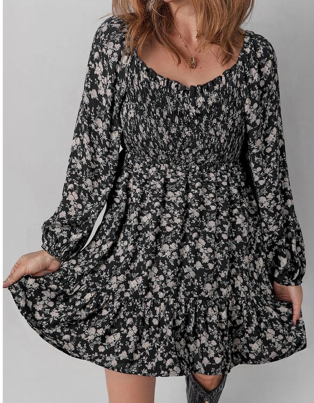 Black Floral Long Sleeve Frilly Shirred Square Neck Mini Dress