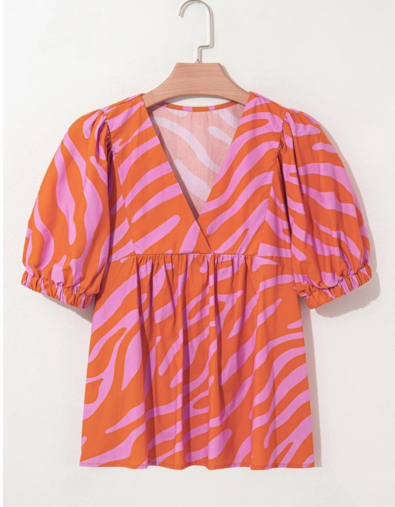 Orange Zebra Stripe Print Ruched Cuff Half Sleeve V Neck Blouse