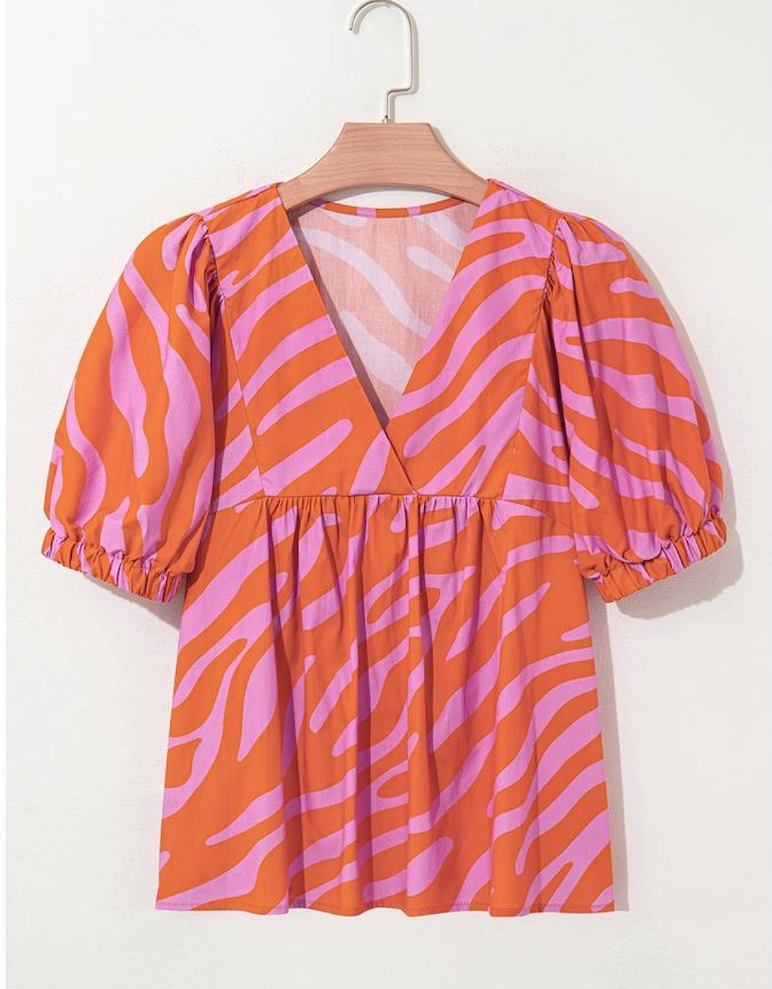 Orange Zebra Stripe Print Ruched Cuff Half Sleeve V Neck Blouse