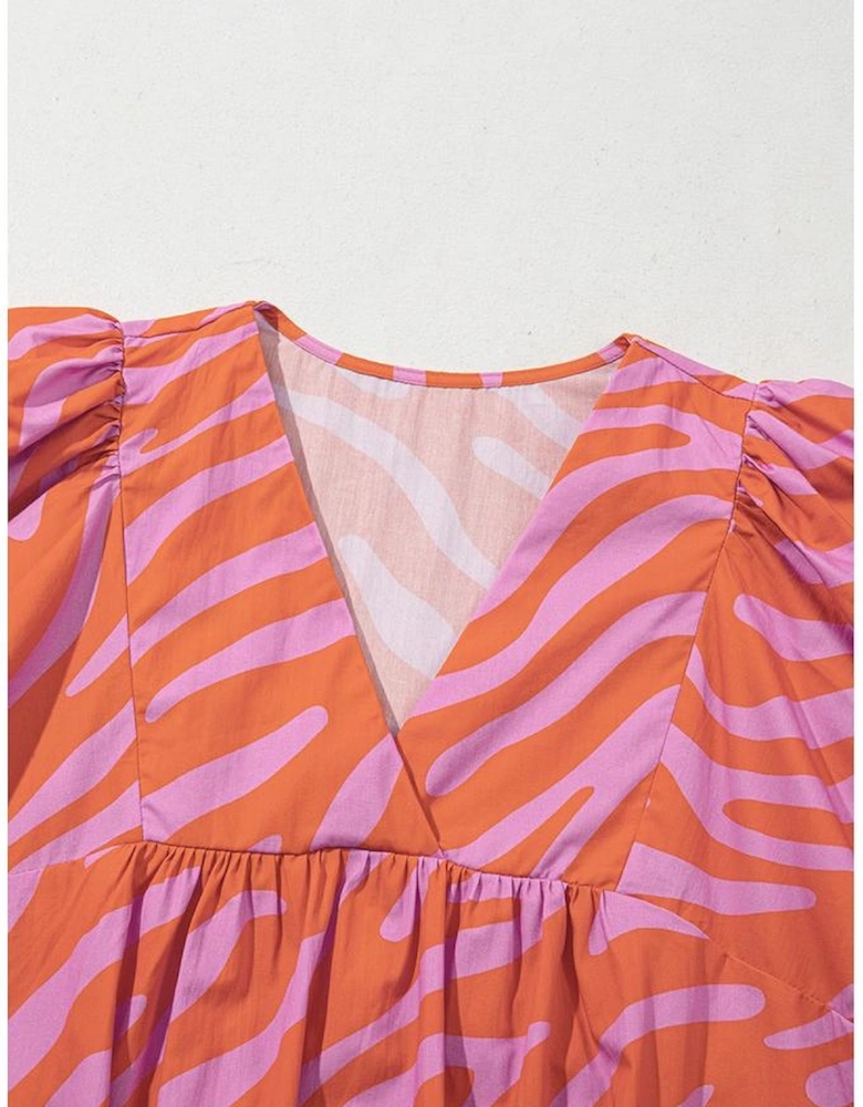Orange Zebra Stripe Print Ruched Cuff Half Sleeve V Neck Blouse