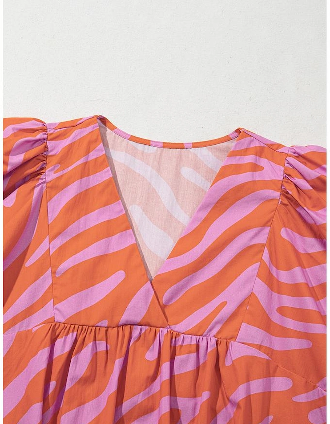 Orange Zebra Stripe Print Ruched Cuff Half Sleeve V Neck Blouse