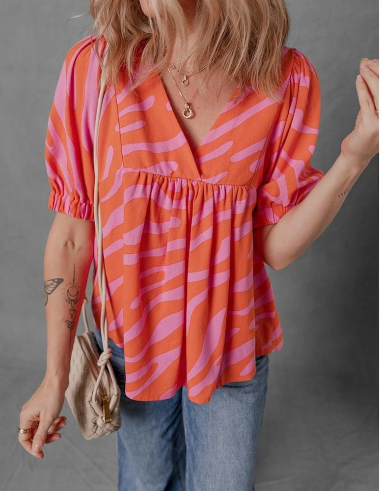 Orange Zebra Stripe Print Ruched Cuff Half Sleeve V Neck Blouse
