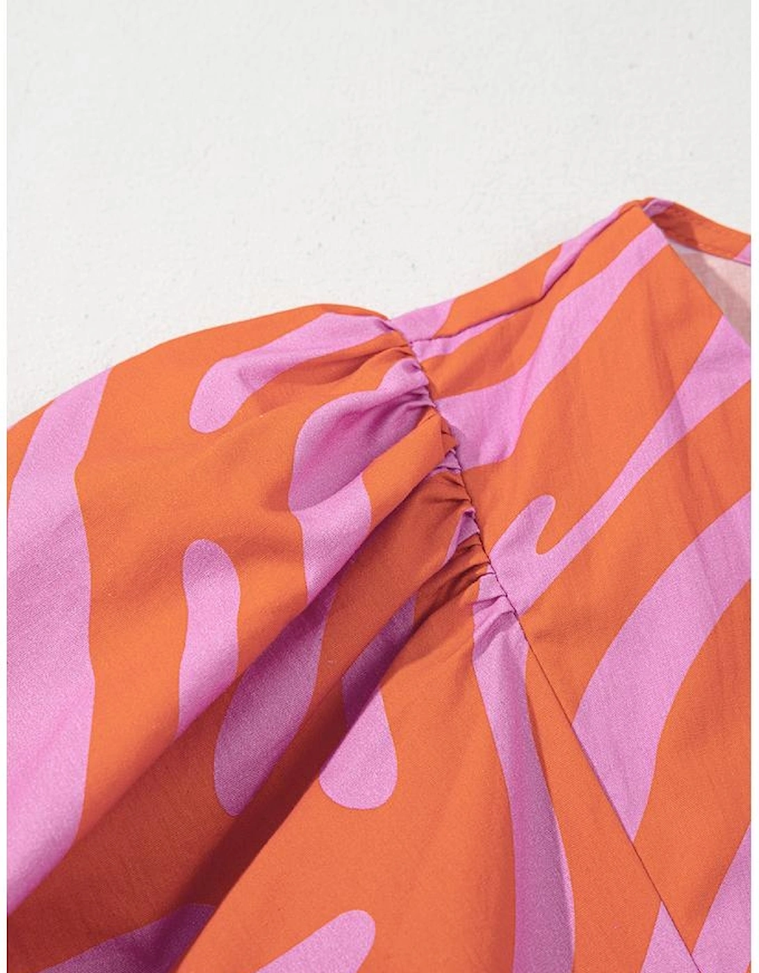 Orange Zebra Stripe Print Ruched Cuff Half Sleeve V Neck Blouse