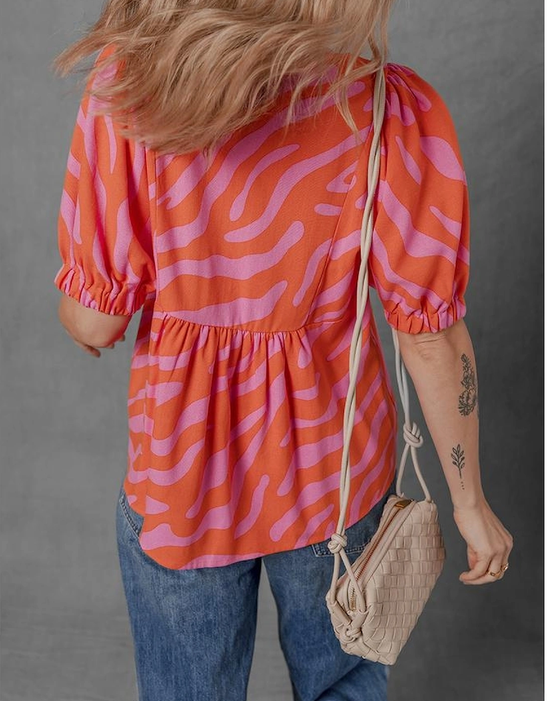 Orange Zebra Stripe Print Ruched Cuff Half Sleeve V Neck Blouse, 15 of 14
