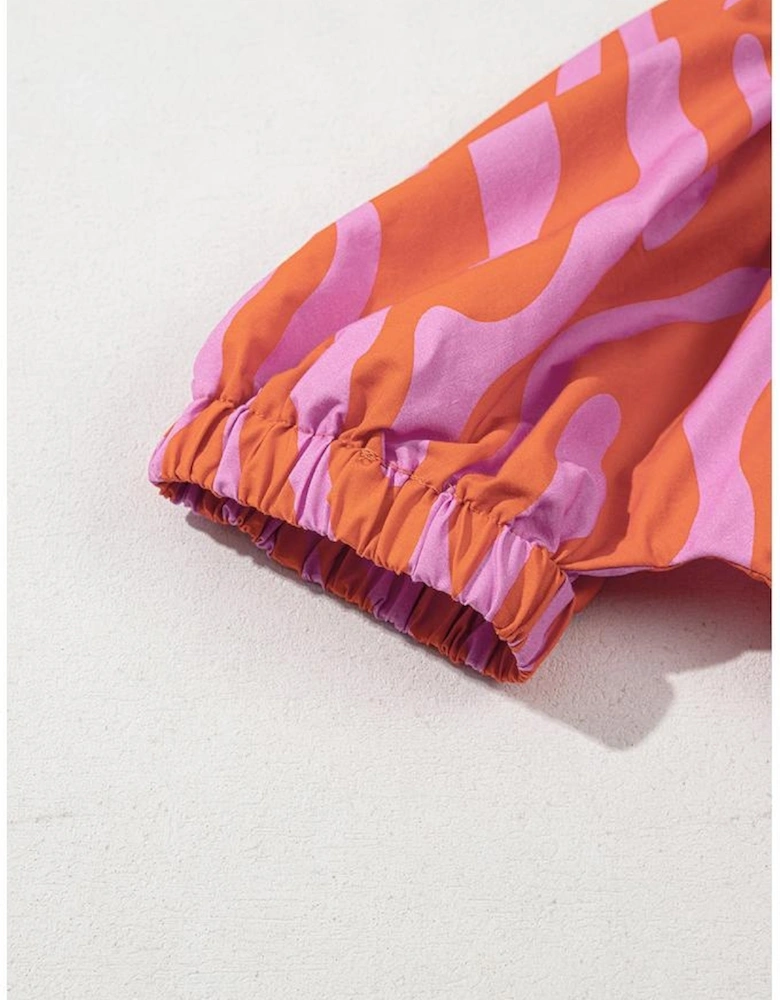 Orange Zebra Stripe Print Ruched Cuff Half Sleeve V Neck Blouse