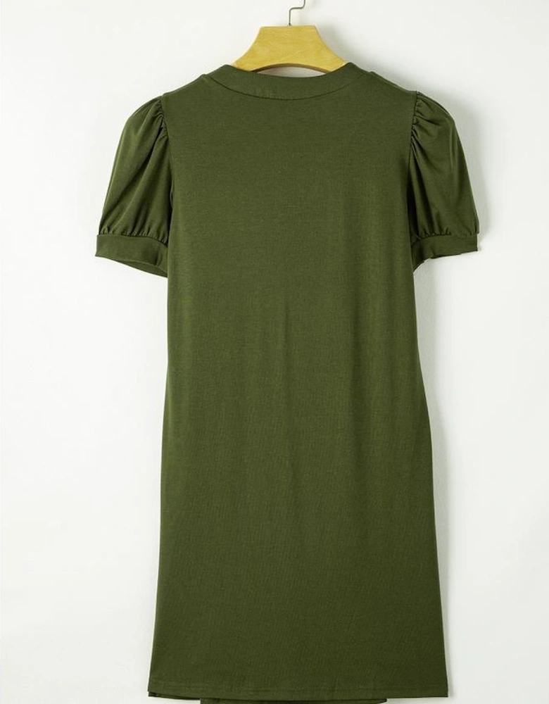 Fern Green Notched Neck Pleated Puff Sleeve Shift T-shirt Dress
