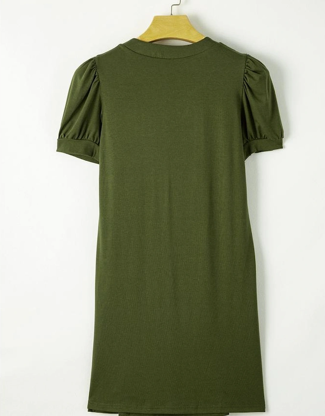 Fern Green Notched Neck Pleated Puff Sleeve Shift T-shirt Dress