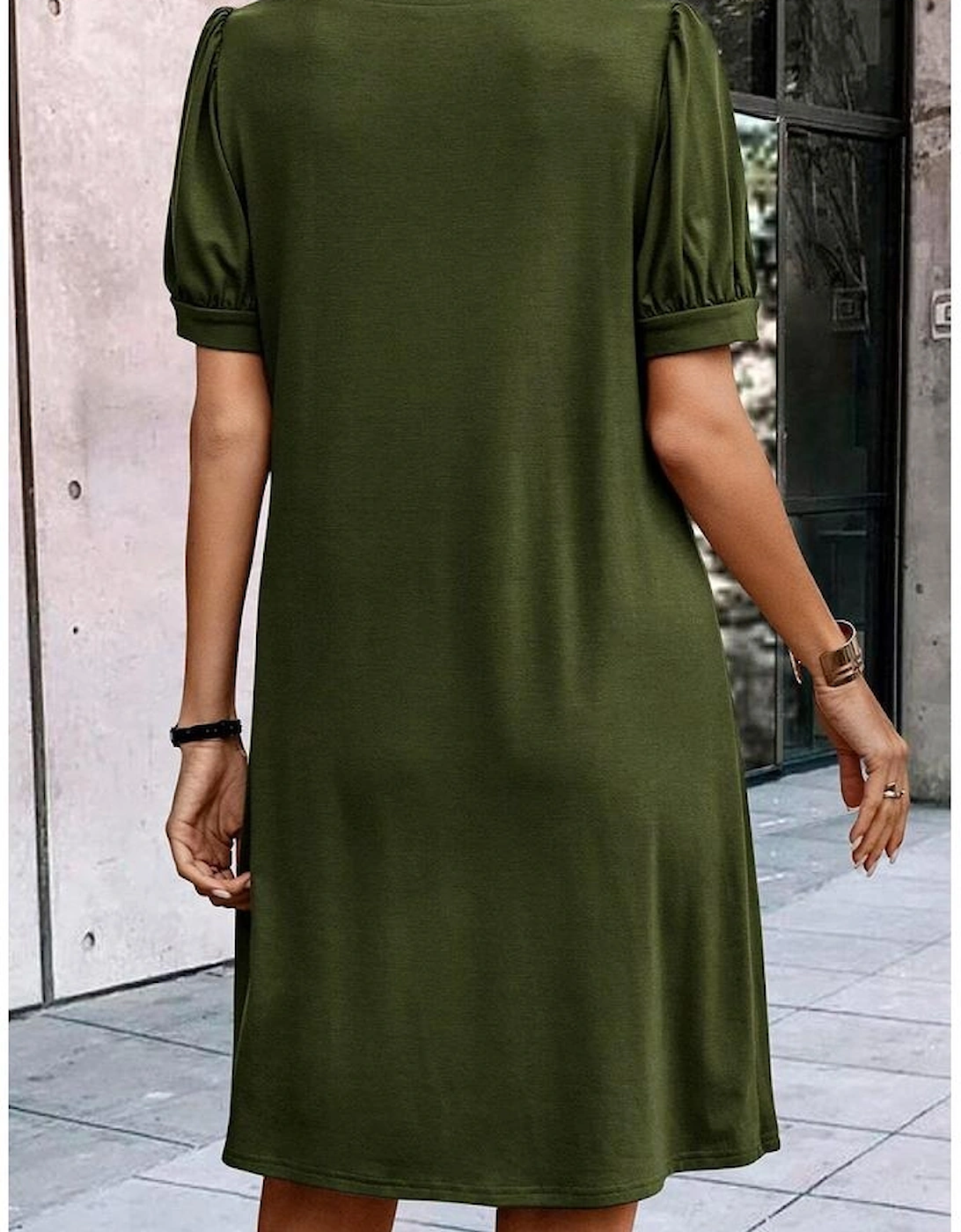 Fern Green Notched Neck Pleated Puff Sleeve Shift T-shirt Dress, 10 of 9