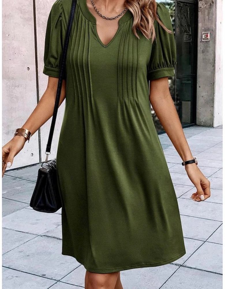 Fern Green Notched Neck Pleated Puff Sleeve Shift T-shirt Dress