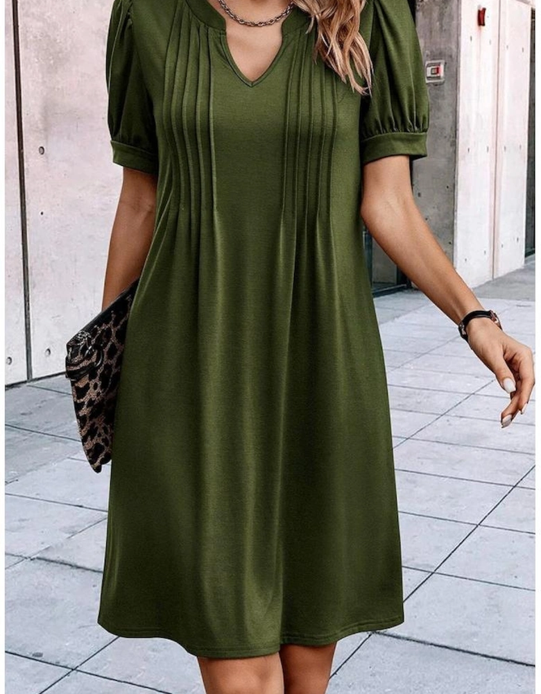 Fern Green Notched Neck Pleated Puff Sleeve Shift T-shirt Dress