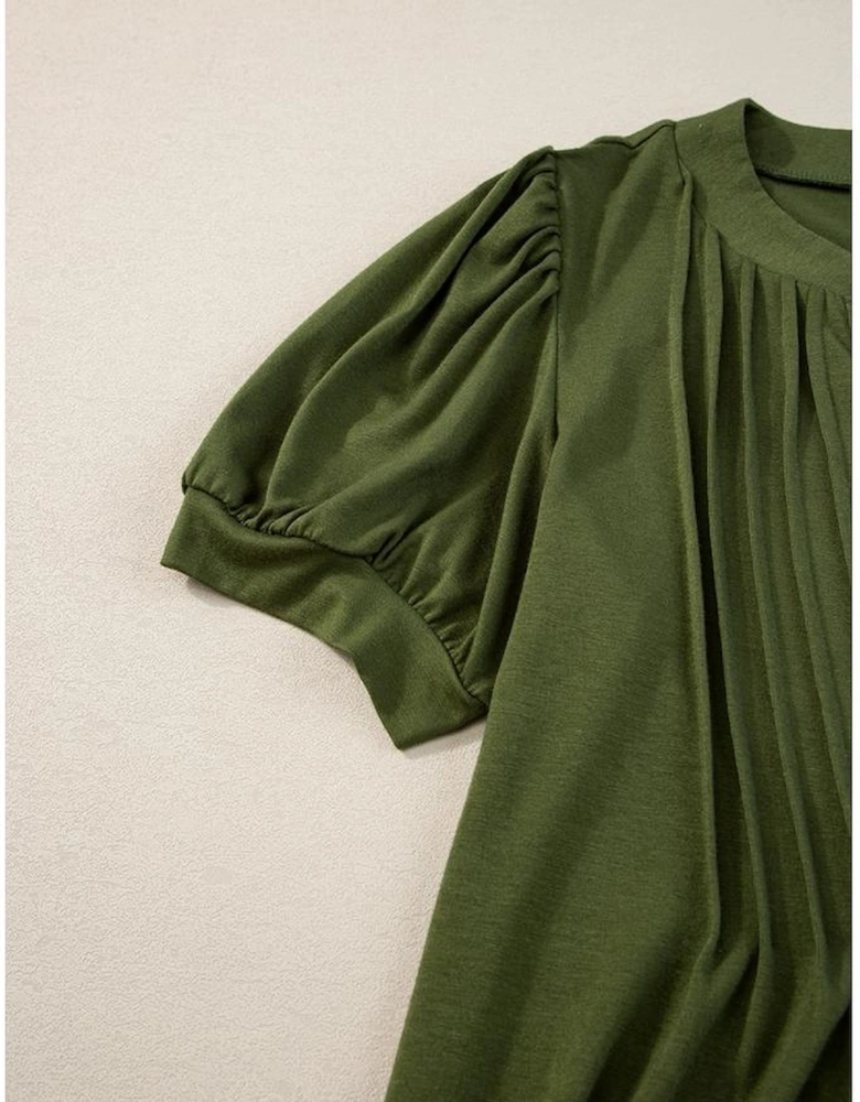 Fern Green Notched Neck Pleated Puff Sleeve Shift T-shirt Dress