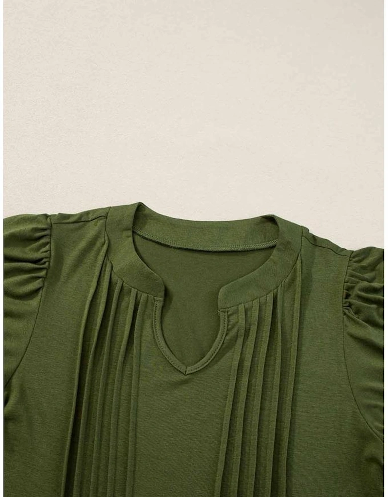 Fern Green Notched Neck Pleated Puff Sleeve Shift T-shirt Dress
