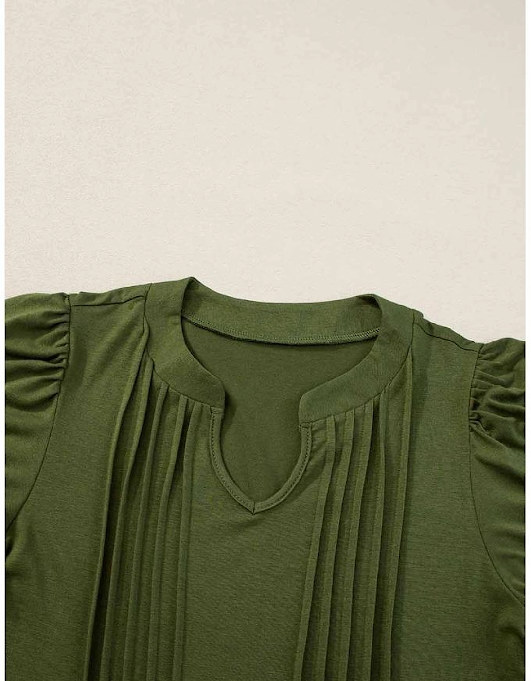 Fern Green Notched Neck Pleated Puff Sleeve Shift T-shirt Dress