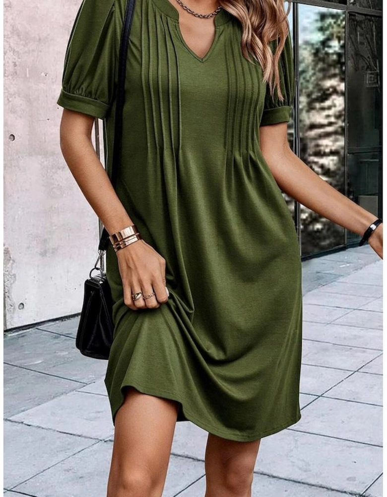 Fern Green Notched Neck Pleated Puff Sleeve Shift T-shirt Dress