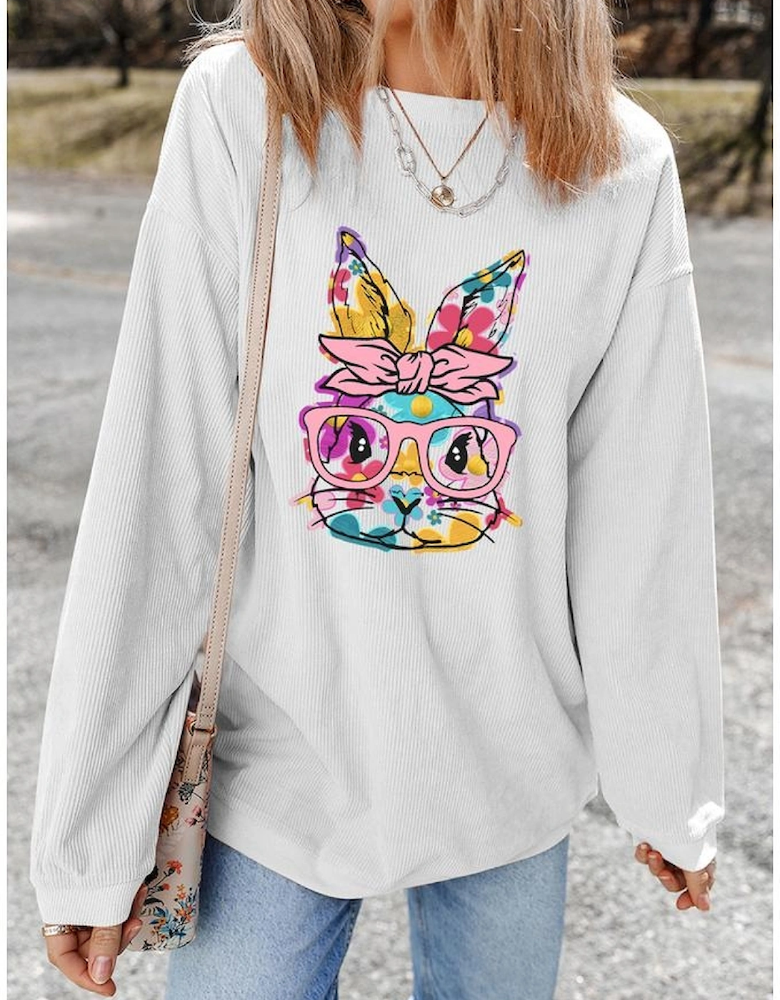 White Floral Rabbit with Glasses Graphic Corded Easter Sweatshirt