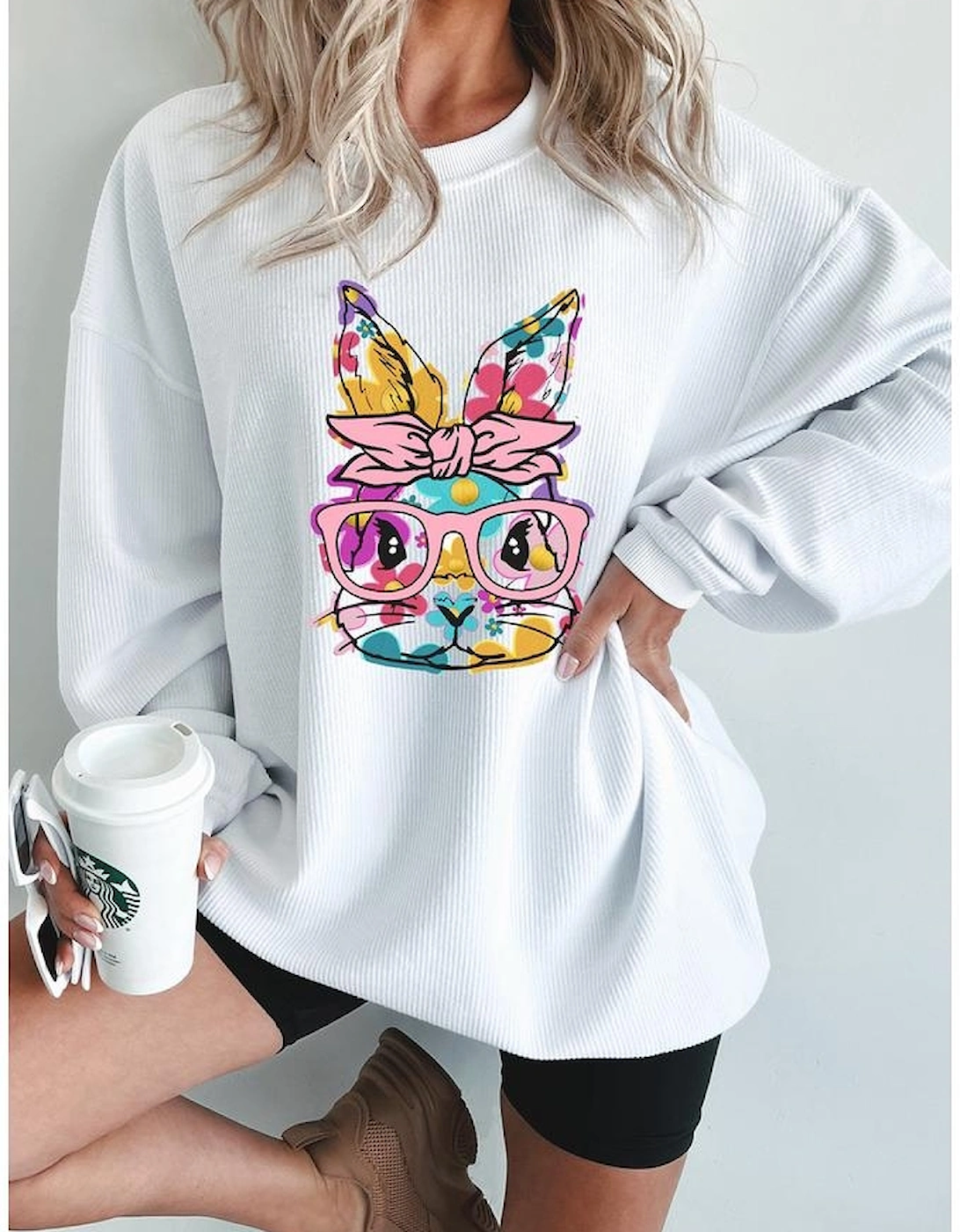 White Floral Rabbit with Glasses Graphic Corded Easter Sweatshirt, 9 of 8