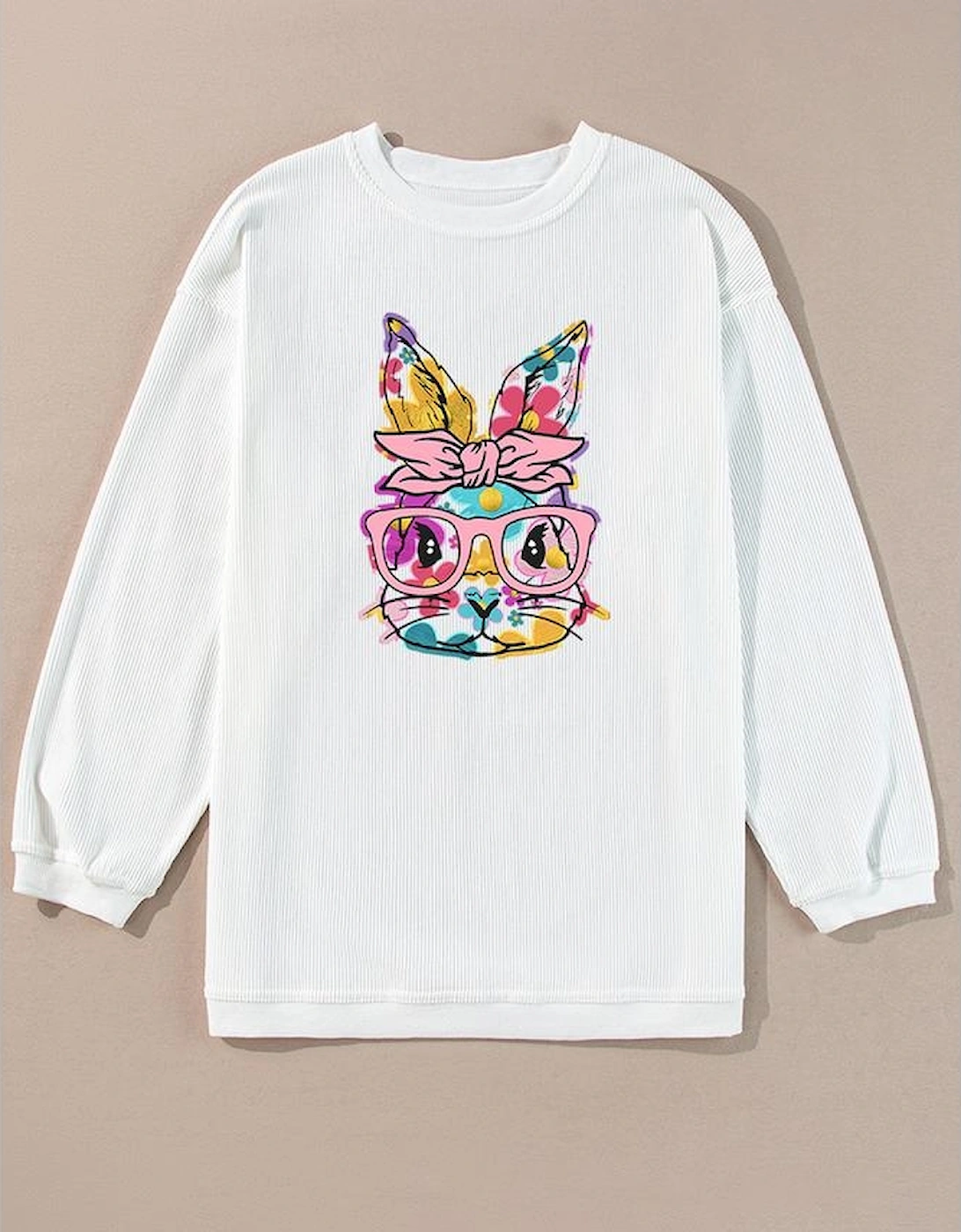 White Floral Rabbit with Glasses Graphic Corded Easter Sweatshirt