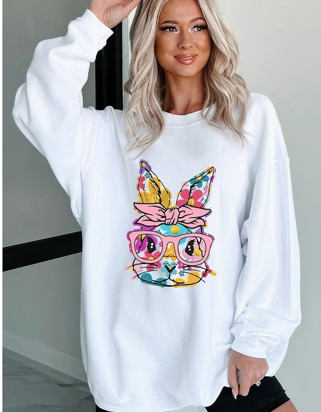 White Floral Rabbit with Glasses Graphic Corded Easter Sweatshirt