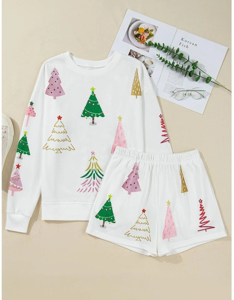 White Stripe Multi Christmas Tree Long Sleeve Top and Shorts 2pcs Lounge Set
