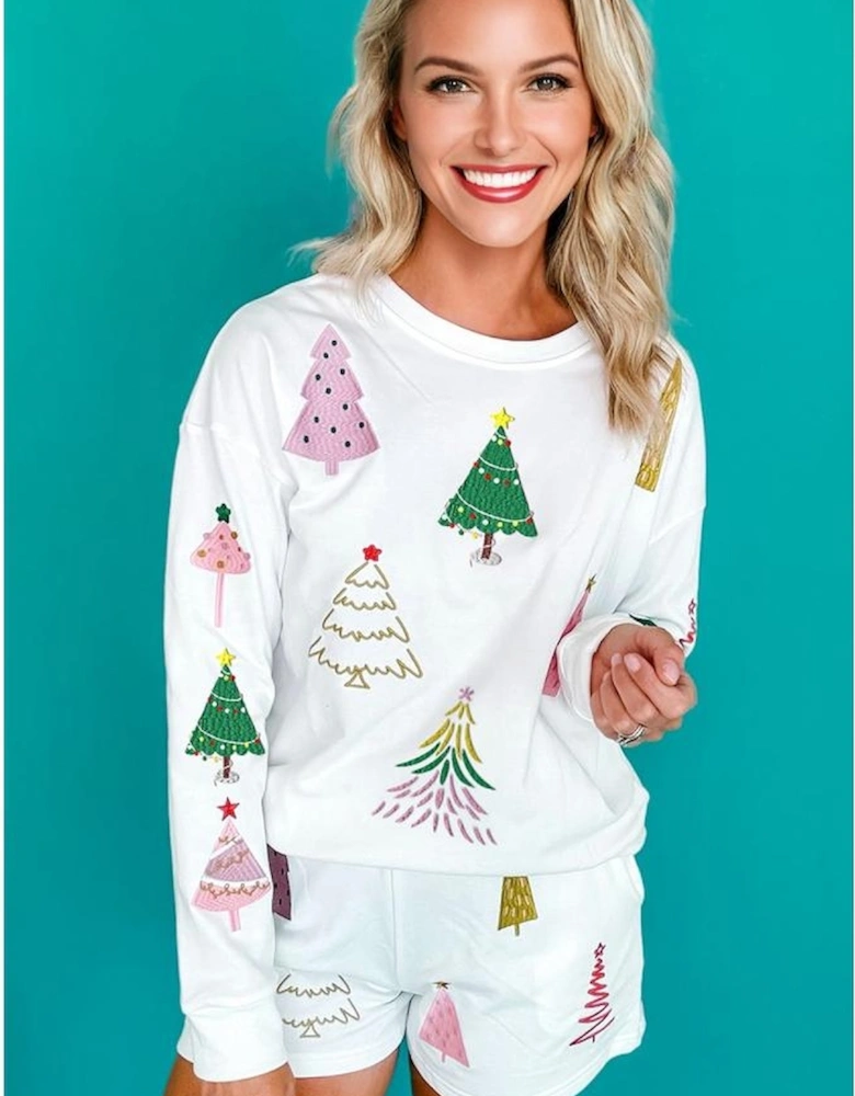 White Stripe Multi Christmas Tree Long Sleeve Top and Shorts 2pcs Lounge Set