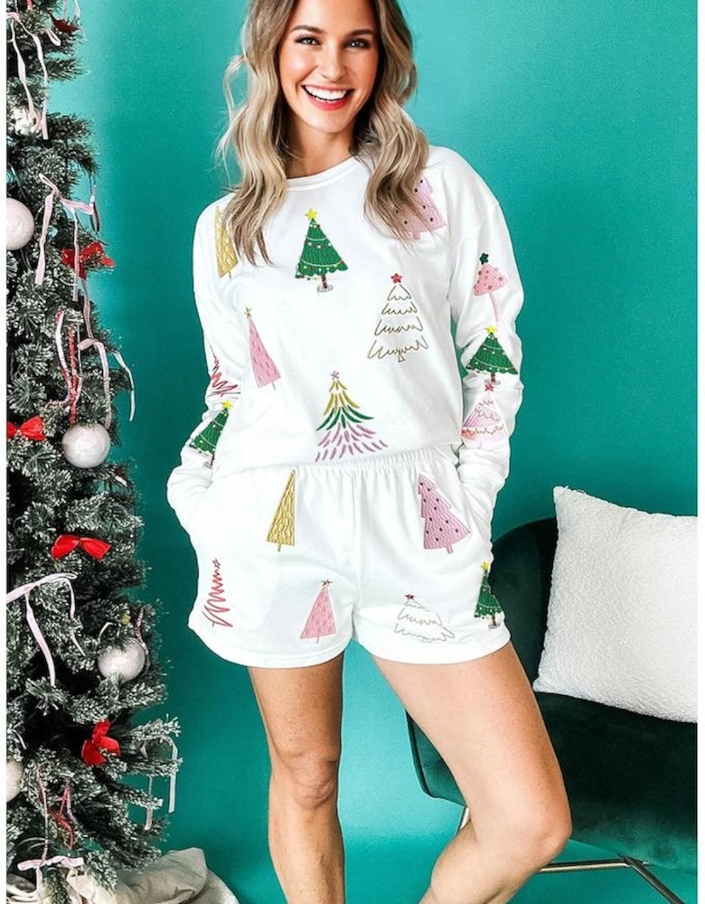 White Stripe Multi Christmas Tree Long Sleeve Top and Shorts 2pcs Lounge Set