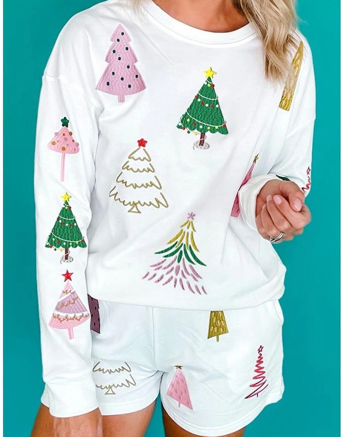 White Stripe Multi Christmas Tree Long Sleeve Top and Shorts 2pcs Lounge Set