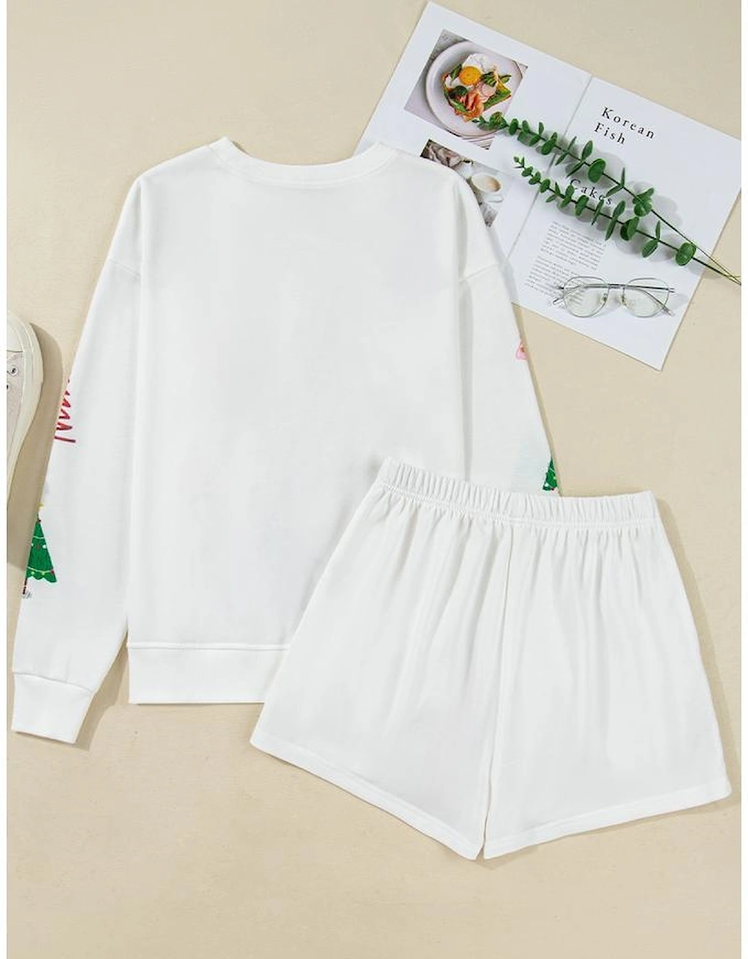 White Stripe Multi Christmas Tree Long Sleeve Top and Shorts 2pcs Lounge Set