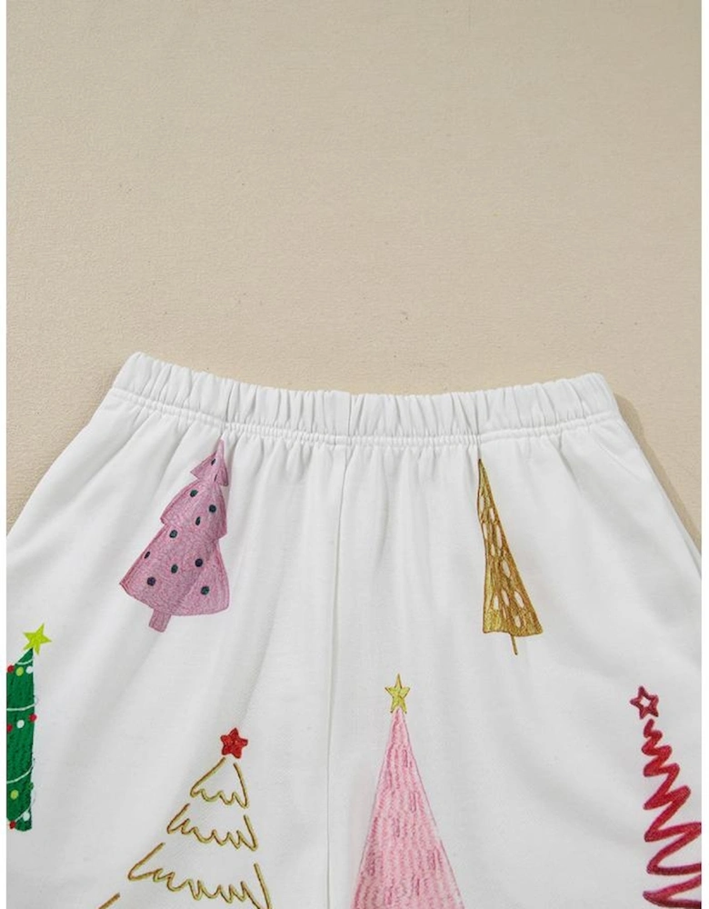 White Stripe Multi Christmas Tree Long Sleeve Top and Shorts 2pcs Lounge Set