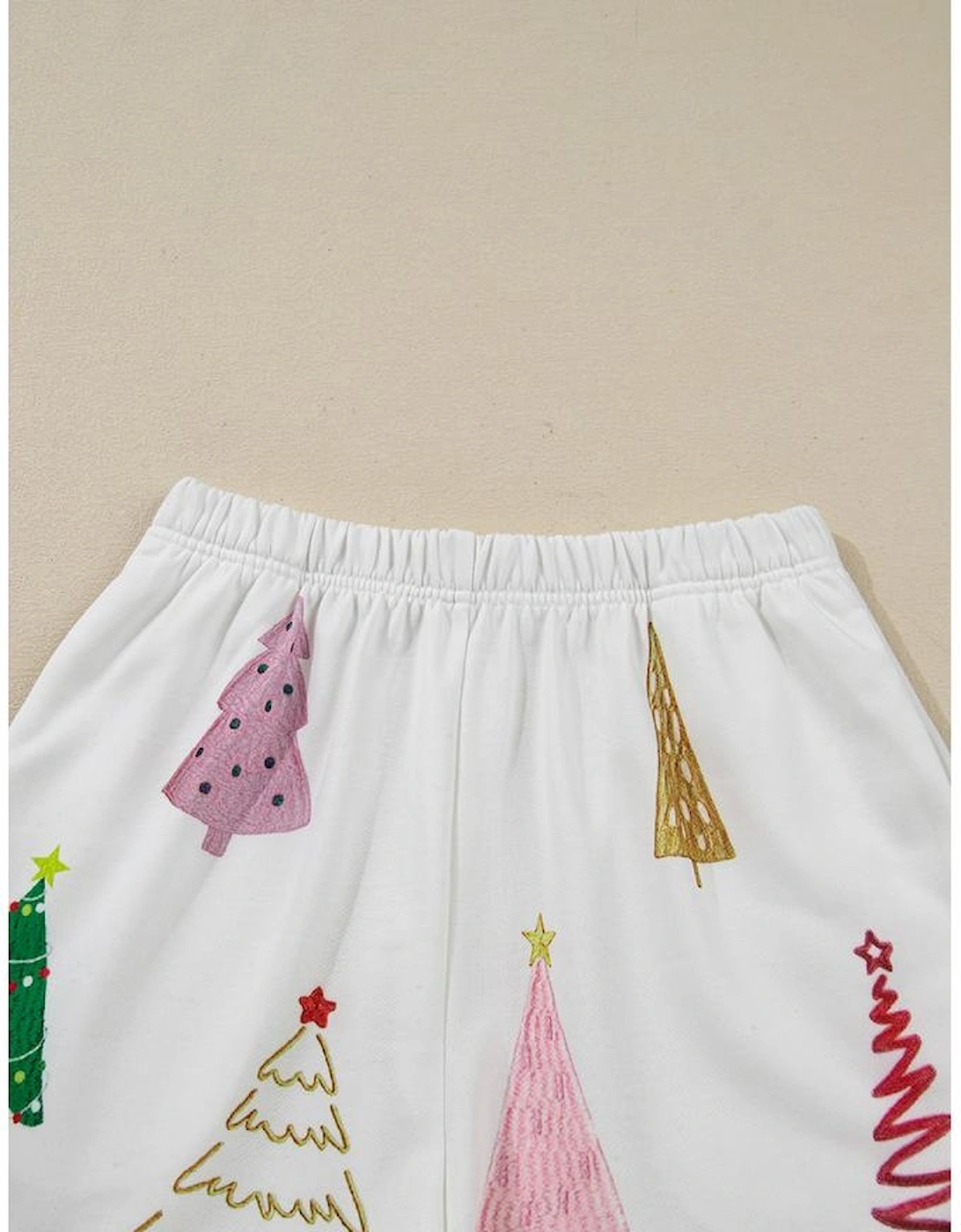 White Stripe Multi Christmas Tree Long Sleeve Top and Shorts 2pcs Lounge Set