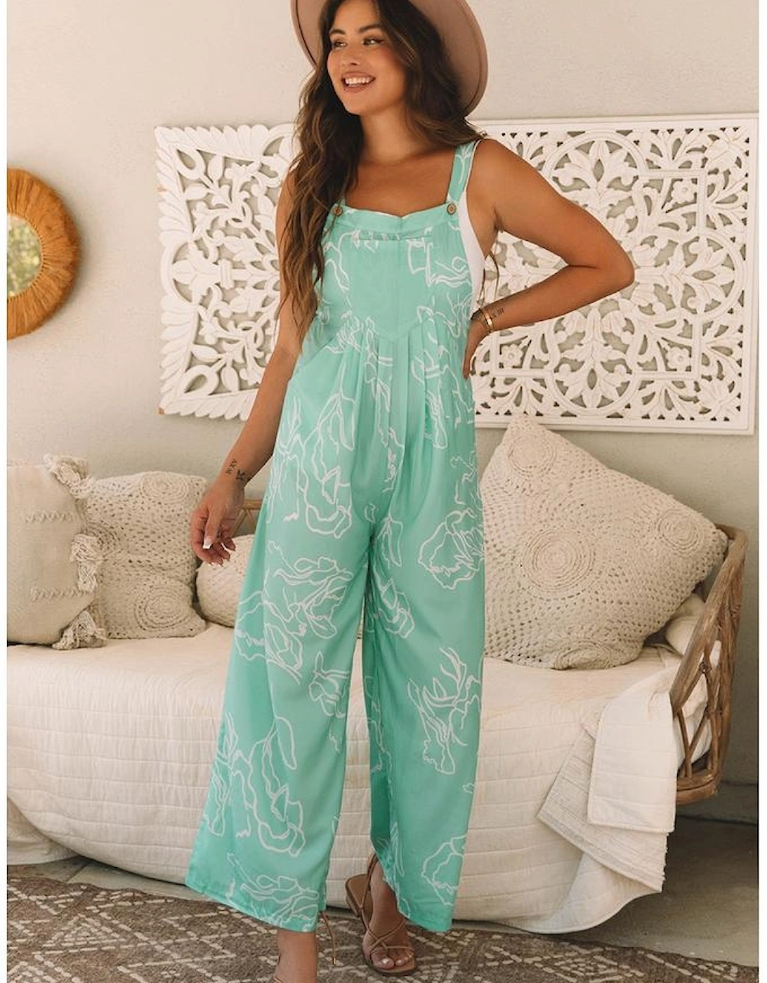 Moonlight Jade Printed Bib Wide Leg Overalls
