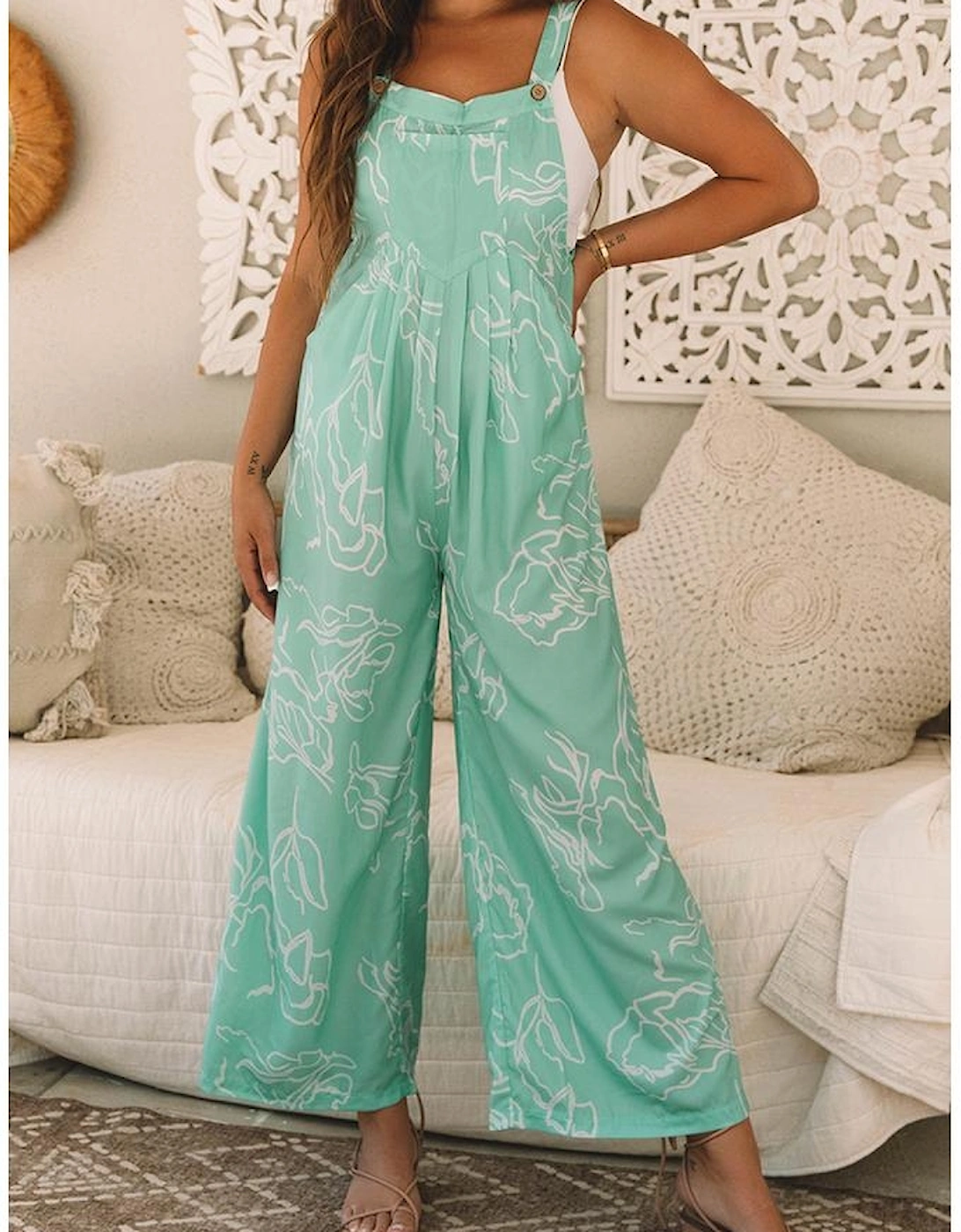 Moonlight Jade Printed Bib Wide Leg Overalls