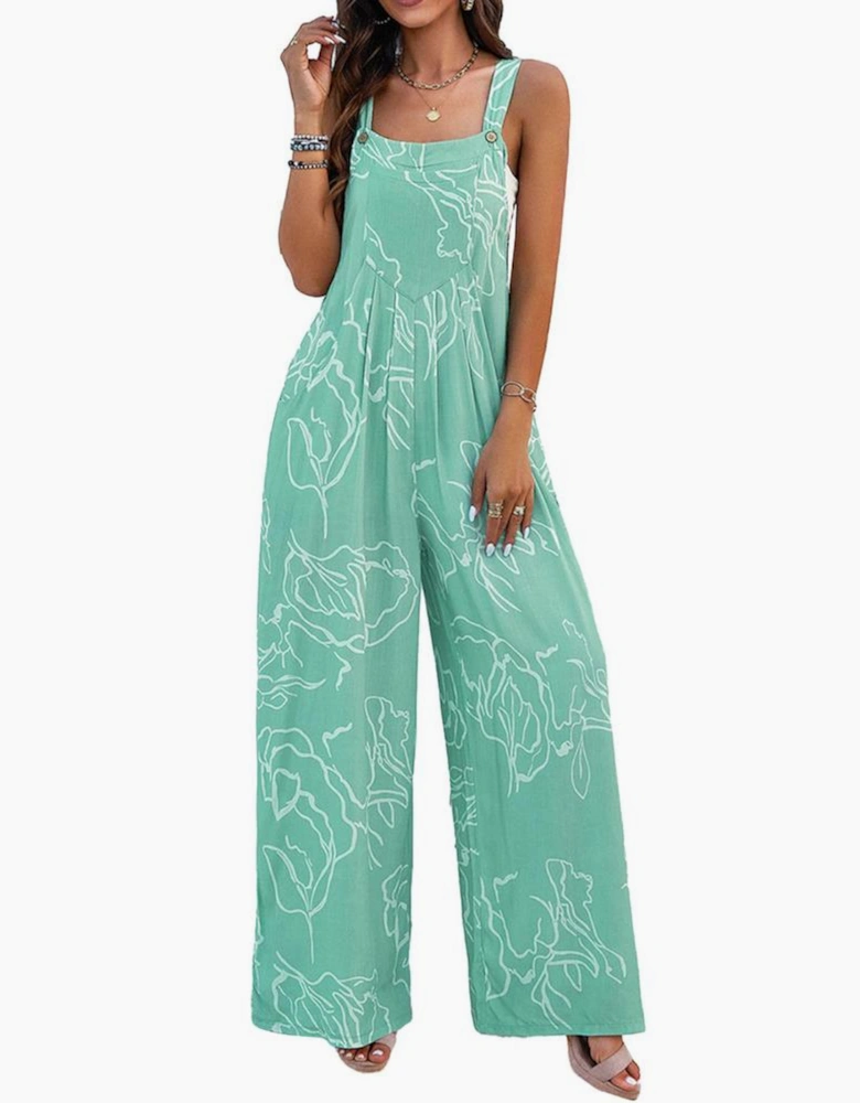 Moonlight Jade Printed Bib Wide Leg Overalls