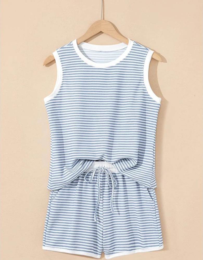 Myosotis Contrast Trim Striped Vest Drawstring Shorts Set