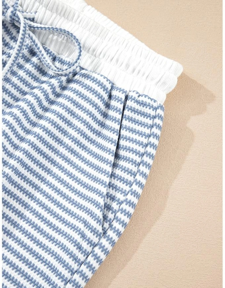 Myosotis Contrast Trim Striped Vest Drawstring Shorts Set