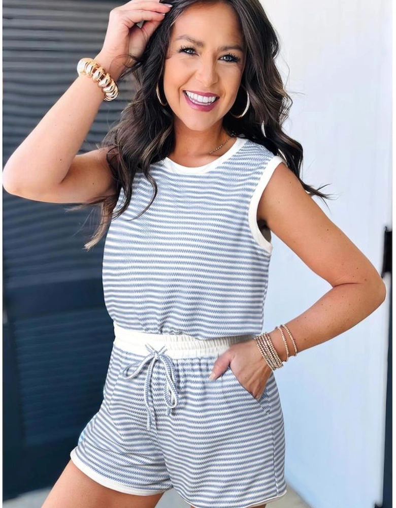 Myosotis Contrast Trim Striped Vest Drawstring Shorts Set