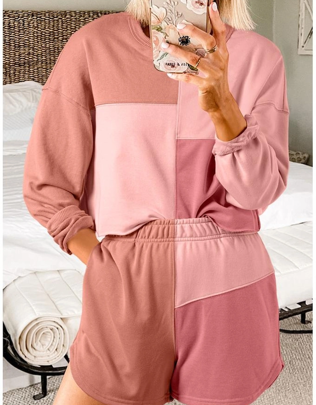 Peach Blossom Colorblock Patchwork Long Sleeve Shorts Outfit, 5 of 4