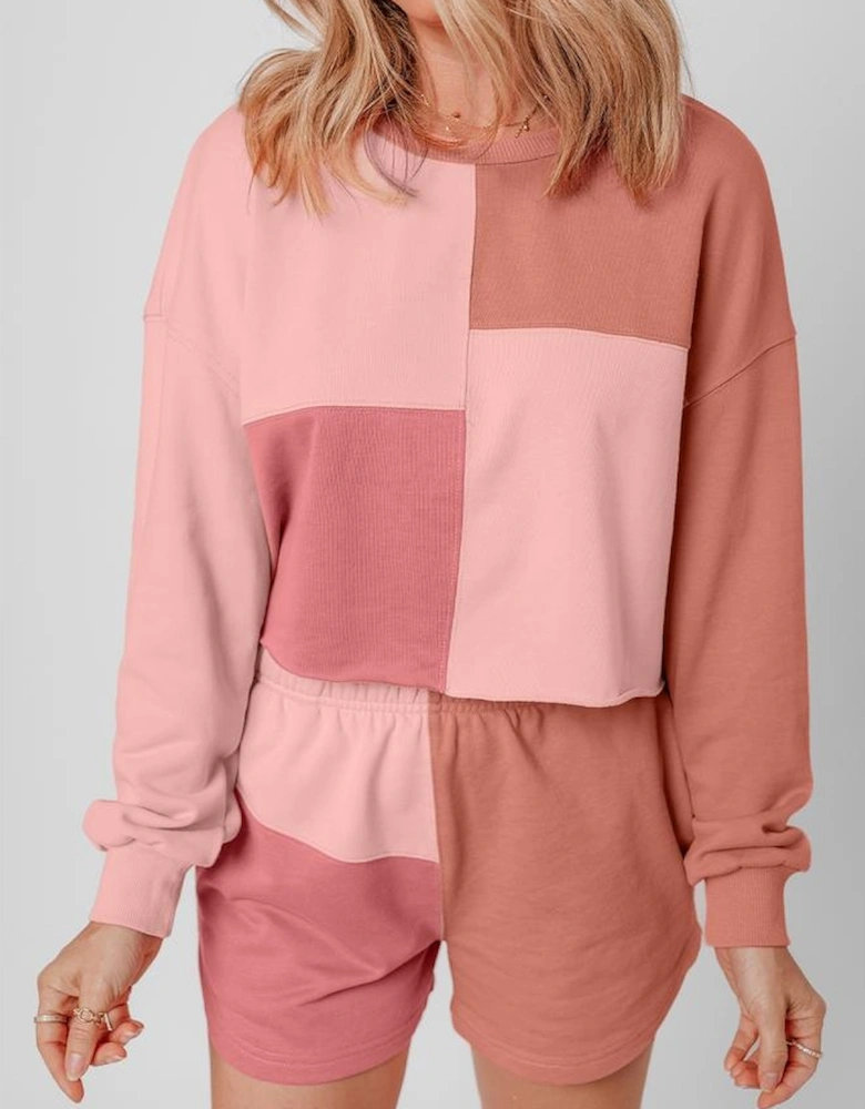 Peach Blossom Colorblock Patchwork Long Sleeve Shorts Outfit