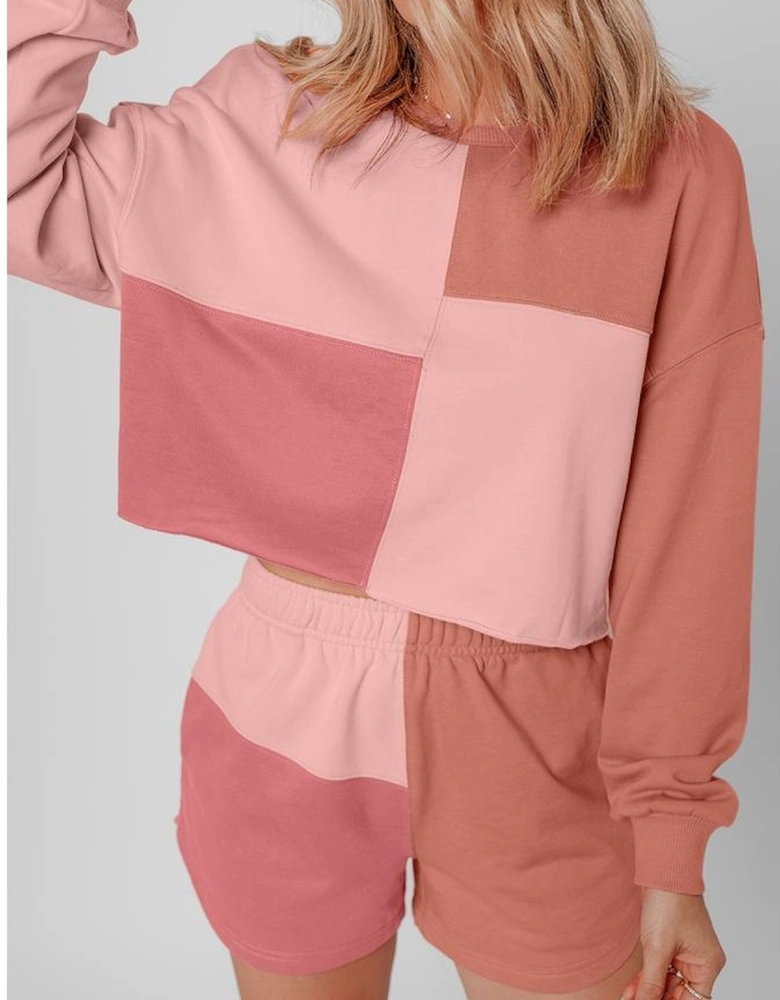 Peach Blossom Colorblock Patchwork Long Sleeve Shorts Outfit